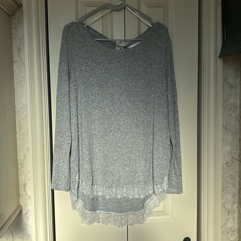 Lace hem, tunic length sweater